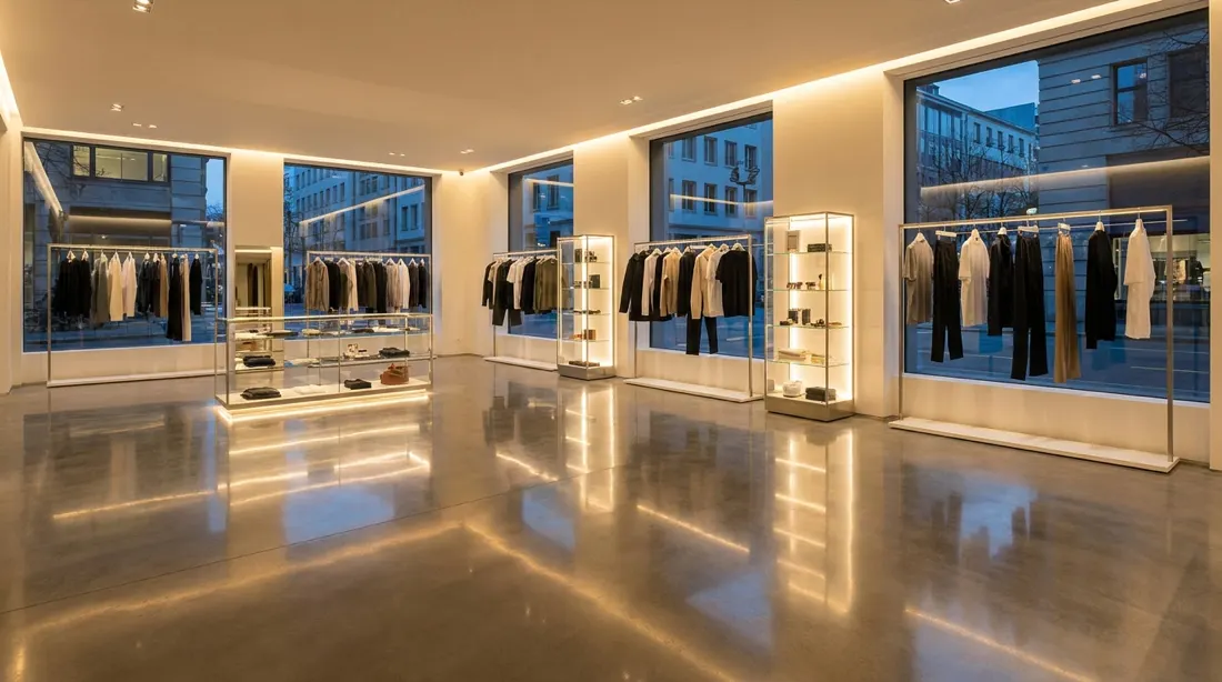 Polished concrete floor in a retail showroom reflecting the display lighting