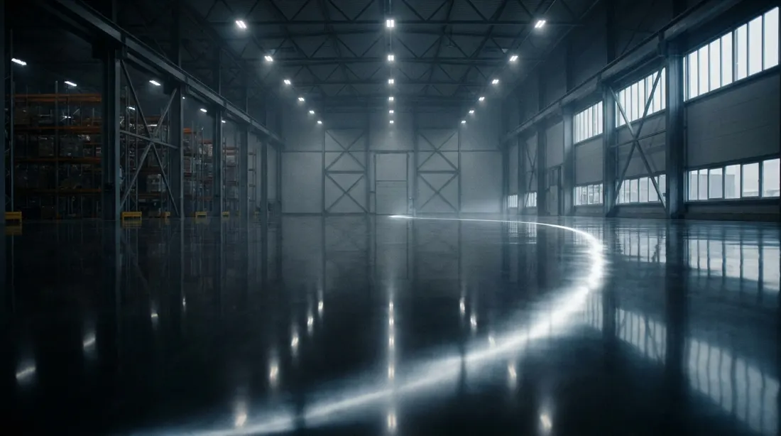 Mirror-polished warehouse floor reflecting the overhead lights